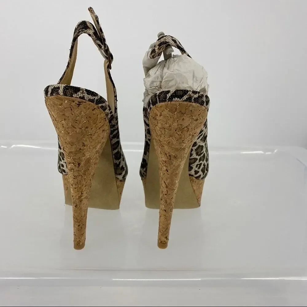 JustFab cheetah metallic cork sling back heels gold brown black buckle size 7.5